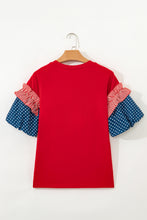 Load image into Gallery viewer, Fiery Red Sequin USA Lettering Patriotic Contrast Splicing Sleeve Top