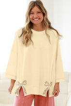 Load image into Gallery viewer, Beige Plus Size Raw Seam Detail Floral Bow Patched Baggy Pullover