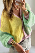 Load image into Gallery viewer, Yellow V Neck Drop Shoulder Patchwork Regular Wash Knitwear Cardigan