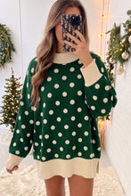 Load image into Gallery viewer, Green Polka Dot Pattern Ribbed Colorblock Trim Split Tunic Sweater