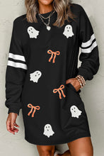 Load image into Gallery viewer, Black Sequin Ghost Graphic Varsity Striped Sleeve Halloween Sweatshirt Dress
