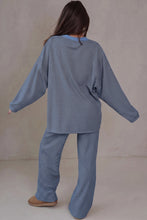 Load image into Gallery viewer, Beige Stripe Contrast Trim Round Neck Oversize Long Sleeve Top 2pcs Pant Set