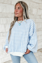 Load image into Gallery viewer, Light Blue Plaid Round Neck Long Sleeve Sweatshirt