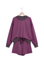 Load image into Gallery viewer, Blue Stripe Ribbed Patchwork Mock Neck Baggy Pullover Matching Shorts Set