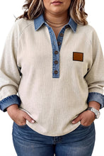 Load image into Gallery viewer, Light Grey V-Neck Long Sleeve Tunic Top with Denim Collar Cuffs Ribbed Texture Plus Size Blouse