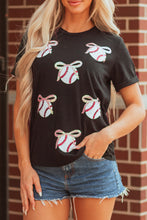 Load image into Gallery viewer, Black Shimmering Sequin Bow Ball Patterned Game Day Casual Tee
