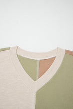Load image into Gallery viewer, Green Plus Mixed Texture Color Block Patchwork V Neck Long Sleeve Top
