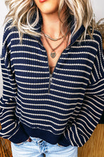 Load image into Gallery viewer, Blue Stripe Textured Knit Half Zip Collared Long Sleeve Top