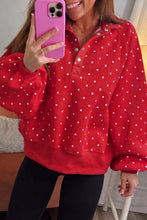 Load image into Gallery viewer, Red Polka Dot Print Metal Button Collar Casual Pullover Sweatshirt