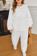 Load image into Gallery viewer, White Textured Raw Seam Plus Size Pullover Top and Drawstring Pants Set