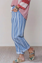 Load image into Gallery viewer, Sky Blue Stripe High Waist Wide Leg Lace Up Barrel Jeans