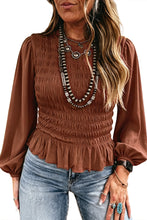 Load image into Gallery viewer, Bright Green Solid Color Smocked Ruffle Hem Long Sleeve Blouse