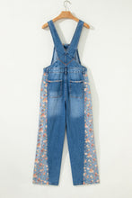 Load image into Gallery viewer, Peacock Blue Floral Patchwork Bib Denim Wide Leg Overalls