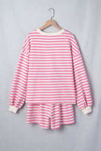 Load image into Gallery viewer, Pink Striped Long Sleeve Crew Neck Drawstring Waist Shorts Set