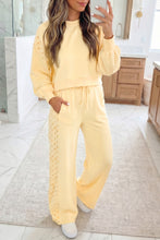 Load image into Gallery viewer, Yellow Cream Eyelet Embroidered Lace Patchwork Cropped Pullover Drawstring Pants Set