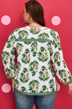 Load image into Gallery viewer, Green Plus Size Floral Printed Contrast Patchwork Detail Tassel Tie 3/4 Sleeve Blouse