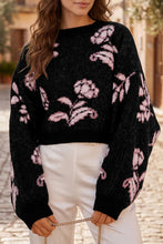 Load image into Gallery viewer, Black Floral Pattern Puff Sleeve Dropped Shoulder Pullover Sweater