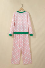 Load image into Gallery viewer, Pink Polka Dot Contrast Trim Long Sleeve Top Drawstring Shift Pants Set
