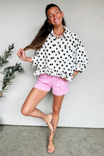 Load image into Gallery viewer, White Polka Dot Print Three Quarter Sleeve Ruffle Hem Casual Shirt