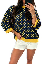 Load image into Gallery viewer, Blue Polka Dot Print Contrast Trim Round Neck Bracelet Sleeve Top