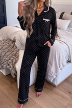 Load image into Gallery viewer, Black Polka Dot Long Sleeve Shirt Lace Detail Two Piece Pajama Pant Set