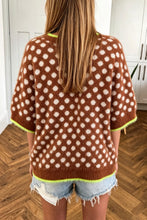 Load image into Gallery viewer, Coffee Polka Dot Contrast Trim Round Neck Half Sleeve Sweater
