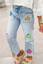 Load image into Gallery viewer, Beau Blue Sequin Pumpkin Patched Graphic Casual Shift Jeans