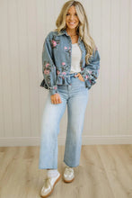 Load image into Gallery viewer, Sky Blue Floral Print Raw Seam Ruffle Hem Denim Jacket