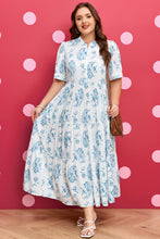 Load image into Gallery viewer, Sky Blue Plus Size Geometric Floral Print Button Split Neck Short Sleeve Maxi Dress