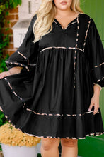 Load image into Gallery viewer, Black Plus Size Long Sleeve Leopard Contrasted Trim Tie Neck Flared Mini Dress