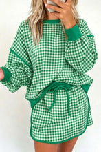 Load image into Gallery viewer, Green Gingham Oversized Ribbed Trim Crew Neck Long Sleeve Top and Skort Set