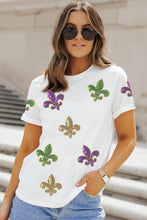 Load image into Gallery viewer, White Mardi Gras Fleur De Lis Sequin Graphic T Shirt