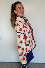 Load image into Gallery viewer, White Floral Print Zipper Stand Neck Outerwear Fleece Coat
