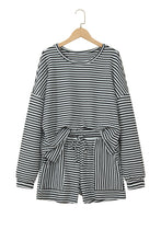 Load image into Gallery viewer, Brown Stripe Textured Knit Long Sleeve Top Elastic Waist Shorts Casual Outfit