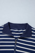 Load image into Gallery viewer, Blue Stripe Textured Knit Half Zip Collared Long Sleeve Top