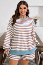 Load image into Gallery viewer, Khaki Stripe Contrast Edge Drop Shoulder Pullover and Shorts Plus Size Set