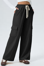 Load image into Gallery viewer, Black Solid Color Drawstring Elastic Waist Cargo Patch Pocket Active Pants
