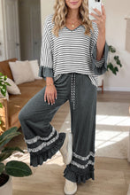 Load image into Gallery viewer, Gray Stripe V Neck Ruffle Contrast Sleeve Top Drawstring Pants 2pcs Set