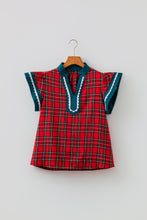 Load image into Gallery viewer, Red Plaid V Neck Short Sleeve Shift Blouse