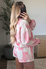 Load image into Gallery viewer, Light Pink Patchwork Floral Print Drop Shoulder Baggy Pullover Drawstring Shorts Set
