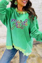 Load image into Gallery viewer, Bright Green Twisted Ribbed mardi gras Sequin Graphic Exposed Seam Patchwork Pullover Top