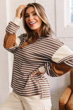 Load image into Gallery viewer, Brown Stripe Collar V Neck Color Block Detail Long Sleeve Pullover Top