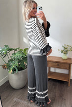 Load image into Gallery viewer, Gray Stripe V Neck Ruffle Contrast Sleeve Top Drawstring Pants 2pcs Set
