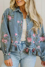Load image into Gallery viewer, Sky Blue Floral Print Raw Seam Ruffle Hem Denim Jacket