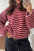 Load image into Gallery viewer, Red Stripe Striped High Neck Zip-up Sweater Long Sleeve Casual Fit Drop Shoulder Open Front Cardigan