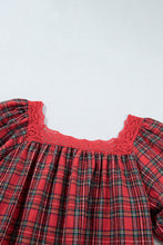 Load image into Gallery viewer, Red Plaid Square Collar Lace Trim Short Sleeve Shift Mini Dress