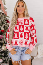 Load image into Gallery viewer, Pink Christmas Plaid Pullover Round Neck Long Sleeve Casual Fit Tunic Knitwear Sweater