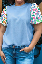 Load image into Gallery viewer, Light Blue Textured Bodice Contrast Floral Sleeve Plus Size Top