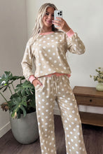 Load image into Gallery viewer, Khaki Polka Dot Contrast Trim Long Sleeve Top Drawstring Shift Pants Set