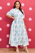 Load image into Gallery viewer, Sky Blue Plus Size Geometric Floral Print Button Split Neck Short Sleeve Maxi Dress